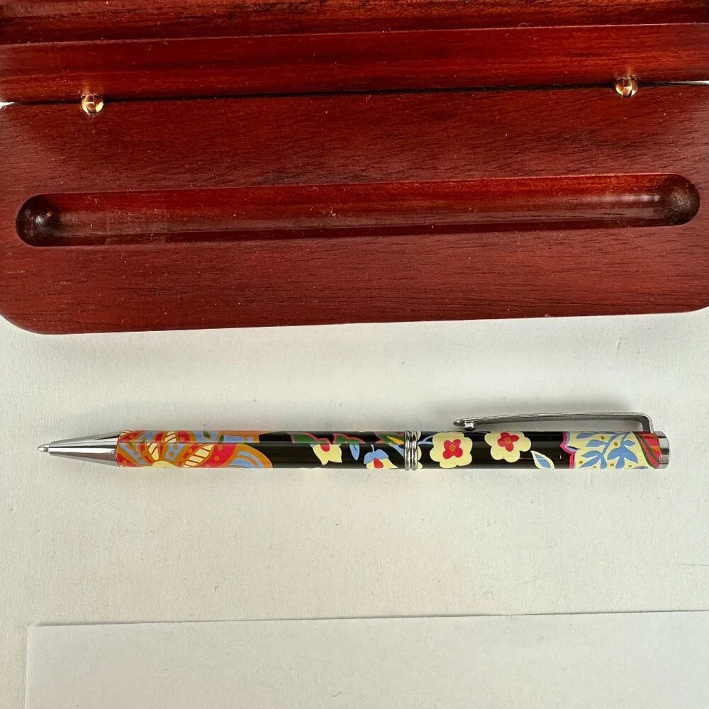 Vera Bradley Floral Patterned Ballpoint Pen With Wooden Case